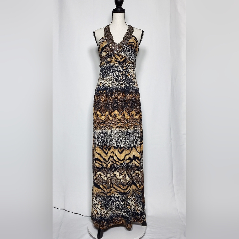Venus Bohemian Gold and Brown Sleeveless Halter Maxi Dress for Resort Wear
